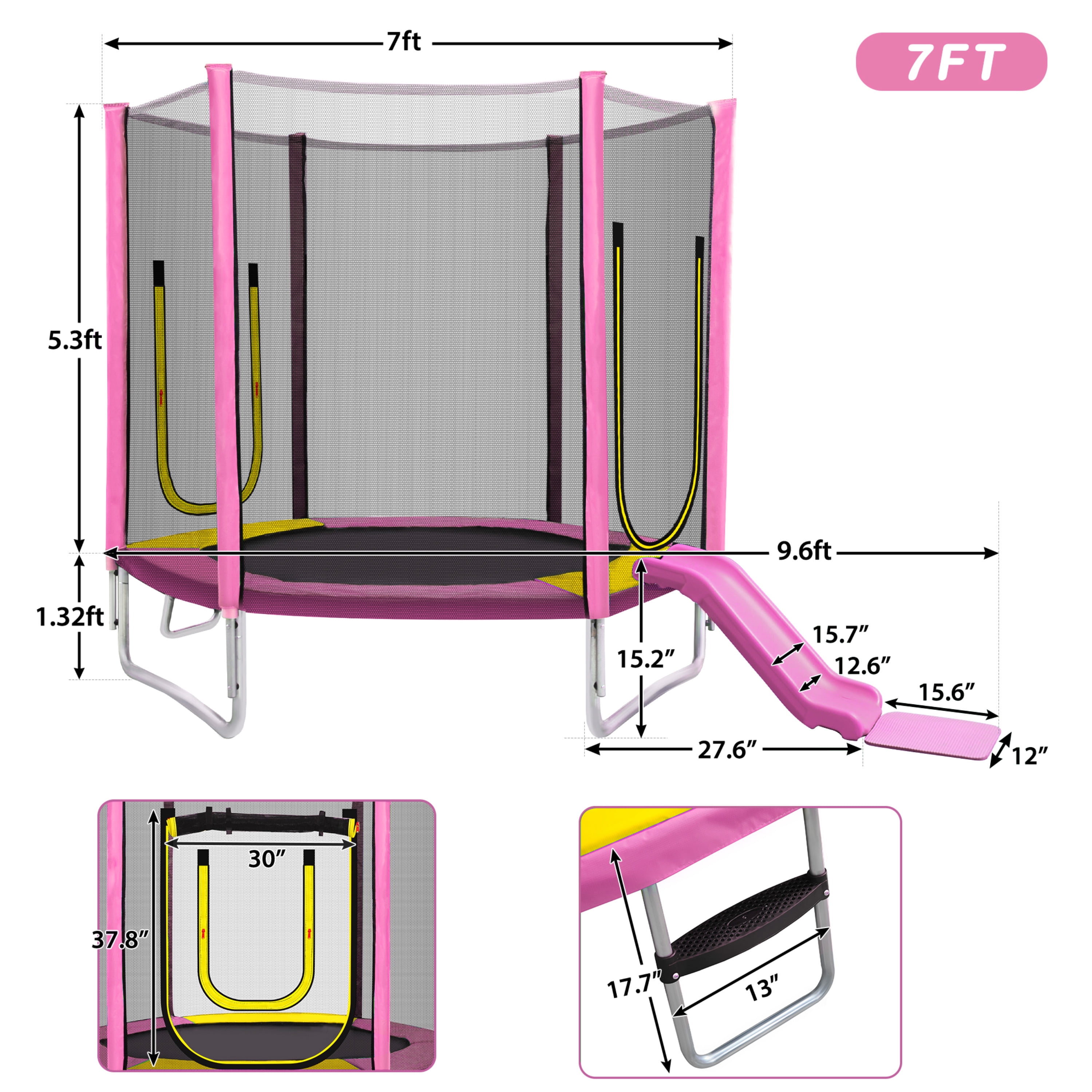 EUROCO 7FT Trampoline with Removable Slide, Kids Indoor Outdoor Trampoline with Enclosure Net and Ladder, Pink