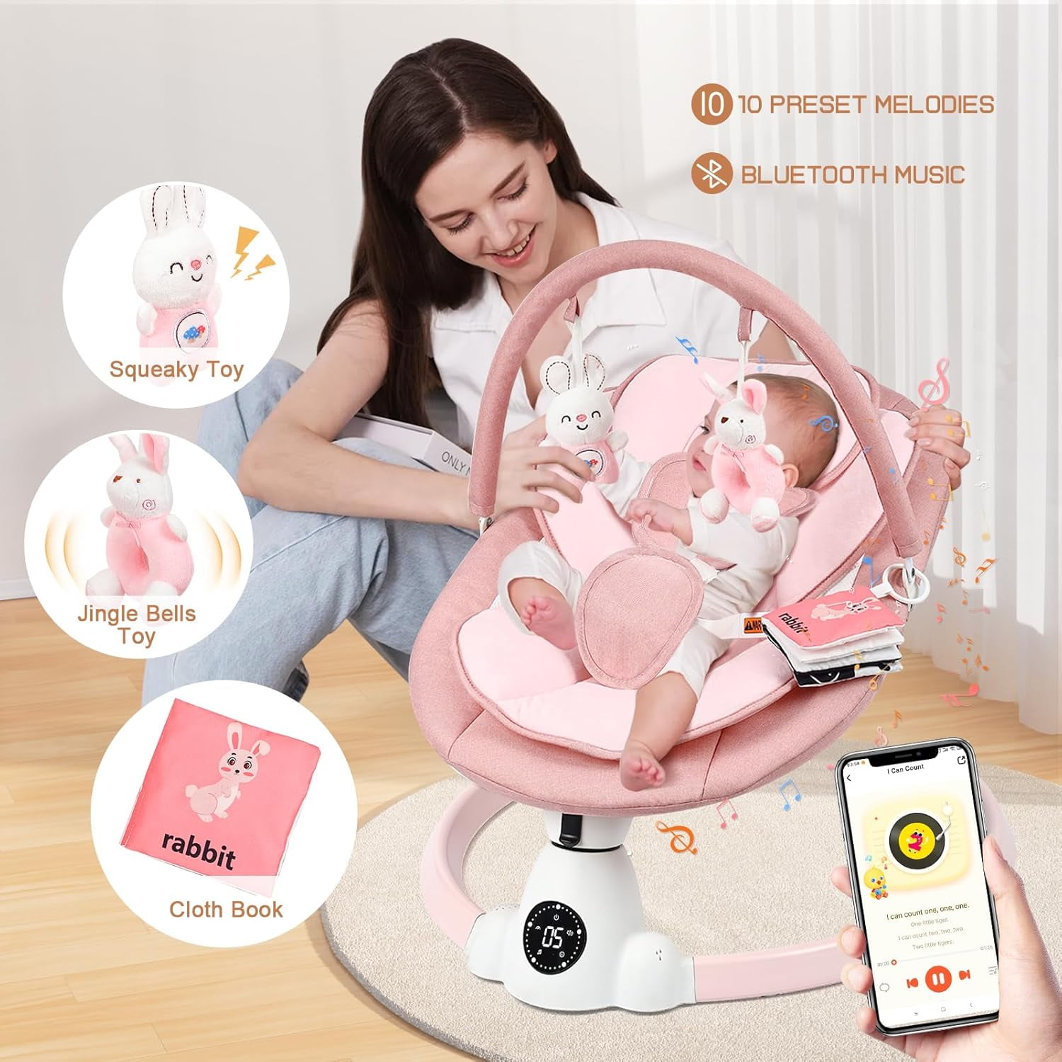 PRVAETU Electric Baby Swing for Infant Newborn W/ 5 Speed,10 Lullabies,5-Point Harness,Detachable Cushion & Canopy,Remote Control & Touch Panel,Pink