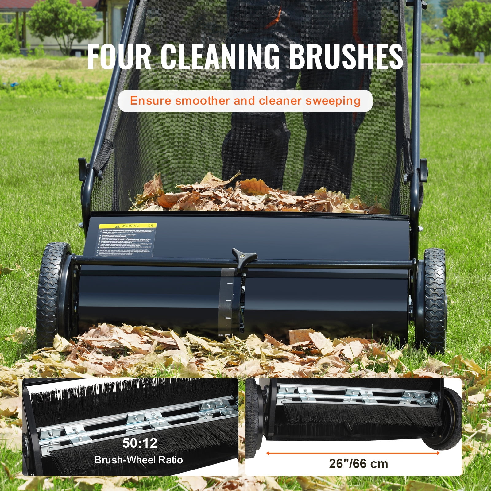 KFFKFF Lawn Sweeper Push Leaf Grass Collector 26" 7 Cu. Ft. Capacity Adjustable