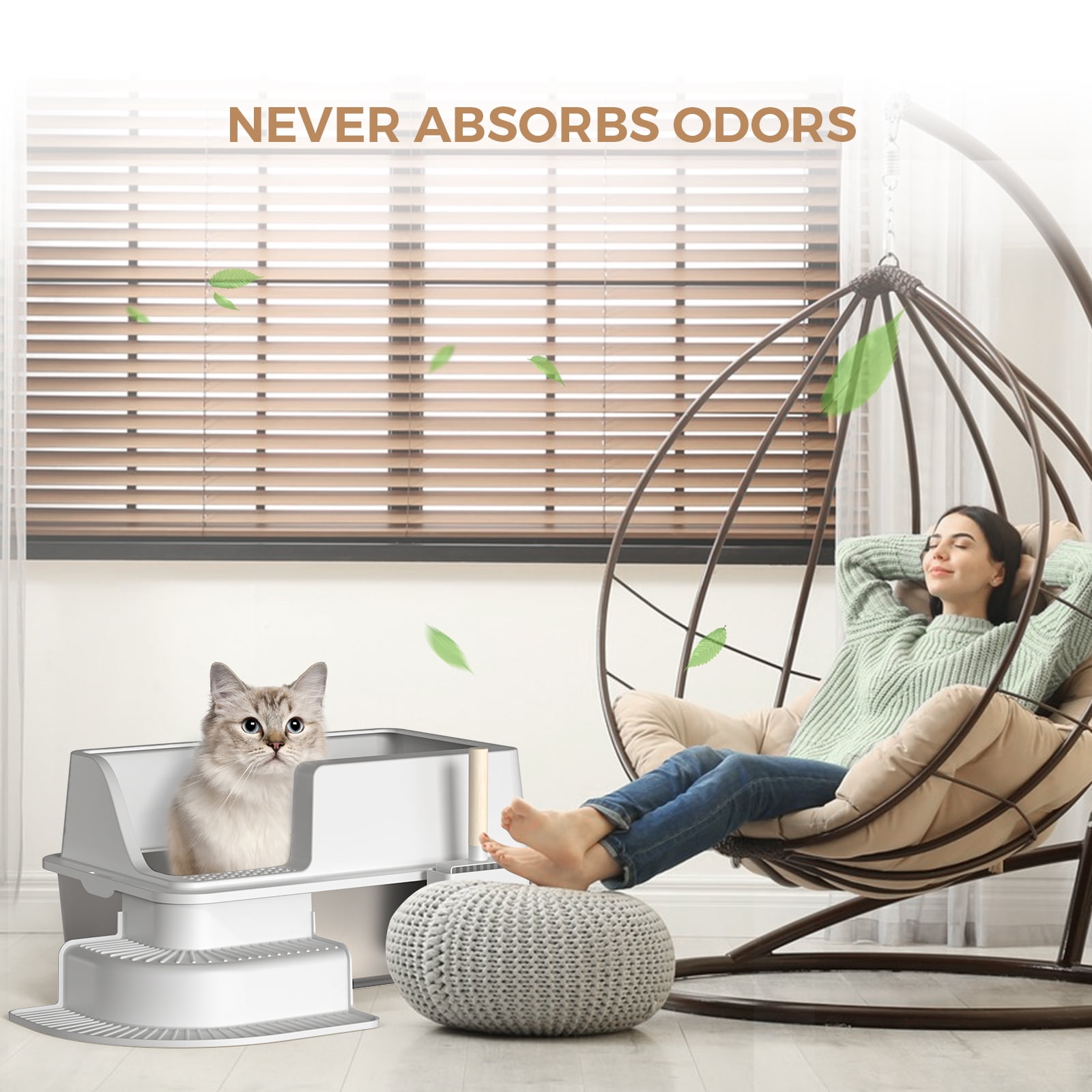 Enclosed Stainless Steel Cat Litter Box Extra Large Litter Box for Big Cats, High Side Enclosure Metal Litter Pan Tray with Scoop, Anti-Leakage, Easy Cleaning