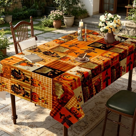 Rustic Farmhouse Patchwork Pumpkin Tablecloth, 2D Printed Decorative Table Cover for Indoor Kitchen & Outdoor Garden Gatherings, Autumn Thanksgiving Christmas Halloween Gift