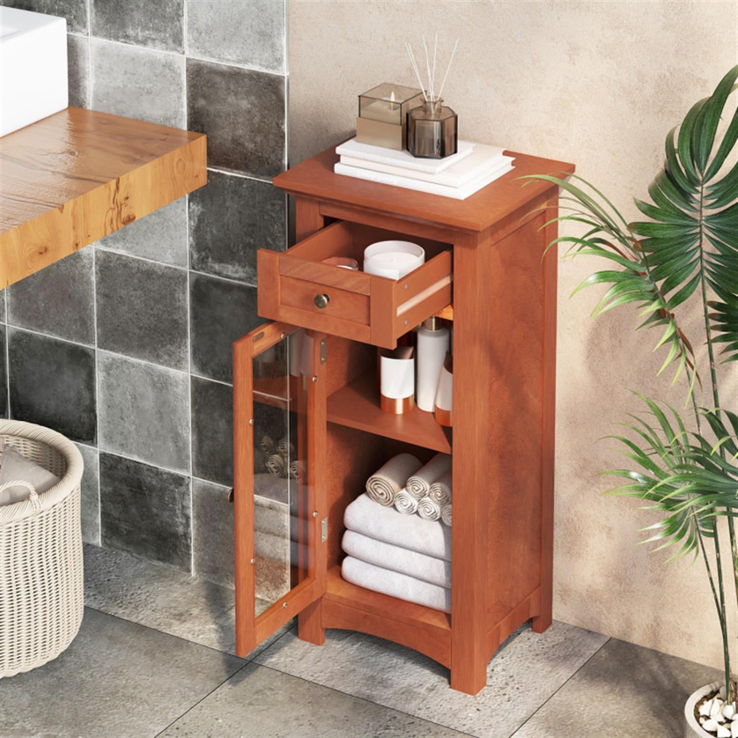 Demi Bonn Bathroom Floor Cabinet with Single Glass Door and Drawers, Bathroom Freestanding Storage Organizer Rack Stand, Multifunctional Corner Unit, Brown
