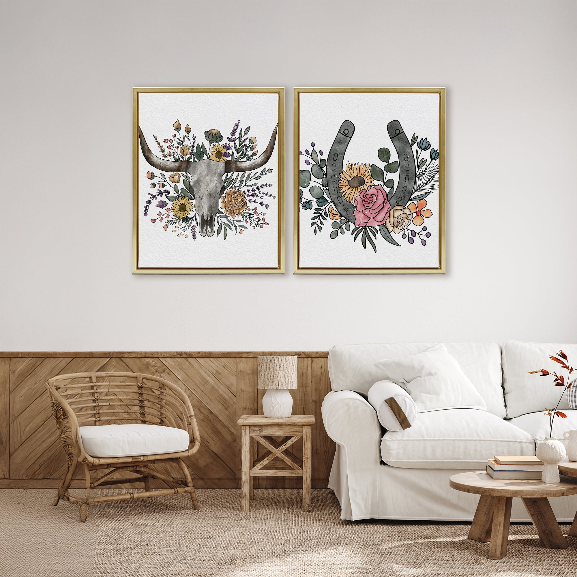 Stupell Industries Boho Longhorn & Horseshoe 2 Piece Gold Framed Floater Canvas Set, design by Alisha Kiara Design