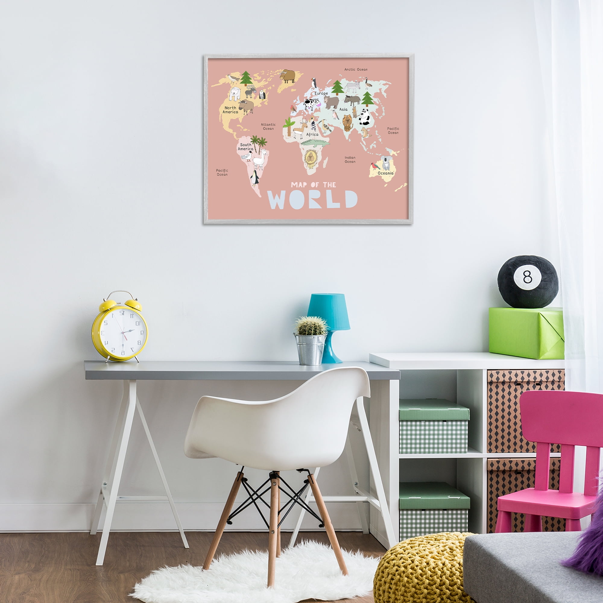 Kid's Map Of World Pink Gray Framed Giclee Art, design by Carla Daly
