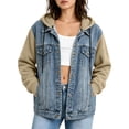 thumbnail image 2 of Otntypg Women's Splicing Hooded Jean Jacket Casual Fall Drawstring Layered Washed Long Sleeve Sweatshirt Button Down Hoodie Denim Shack Jacket with Pockets, 2 of 9