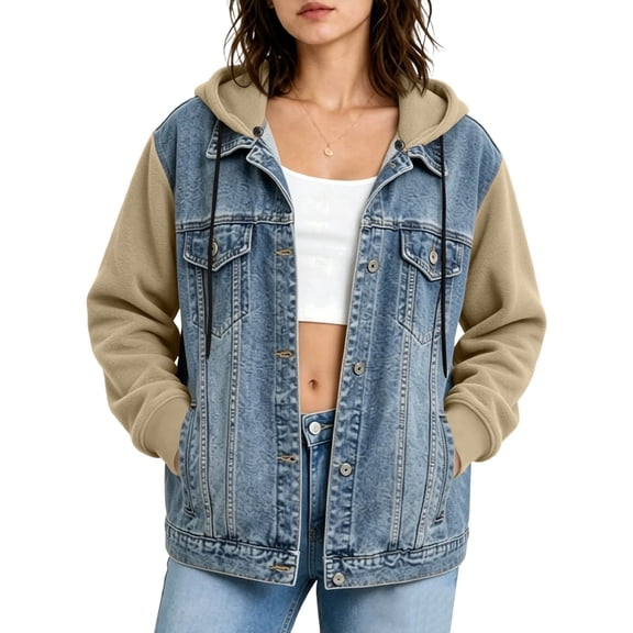 QIYAGBSA Denim Jackets for Women with Knit Sleeves Patchwork Hooded Casual Spring Fall Outerwear (Khaki, 2XL)