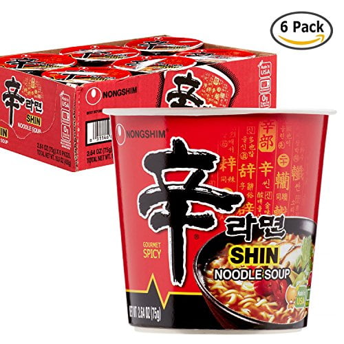 NineChef Bundle - Nongshim Shin Spicy Ramen Instant Gourmet Cup Noodle (Pack of 6) + 1 NineChef Brand Long Handle Spoon