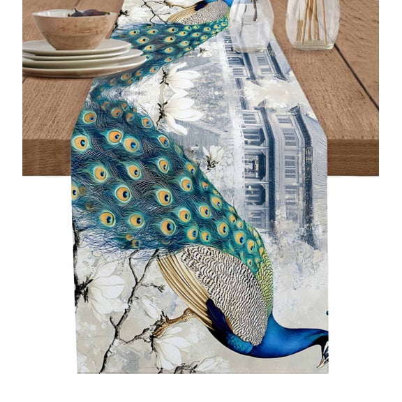 Elegant Peacock Table Runner 48 Inches, Vintage Attic Magnificent Feathers Bed Runner Dresser Scarves Tabletop for Indoor Outdoor Parties/Ceremony/Banquet, 13" x 48"