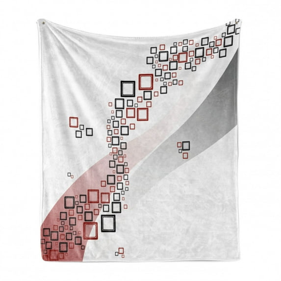 Abstract Soft Flannel Fleece Throw Blanket, Fractal Square Shaped Geometrical Forms with Wavy 2 Colored Backdrop Artwork, Cozy Plush for Indoor and Outdoor Use, 50" x 60", Grey and Red, by Ambesonne