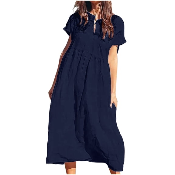 Hvot&aat Women's Summer Plus Size Cotton Linen Dress Loose Fit Casual Solid V Neck Short Sleeve Long Swing Babydoll Dresses