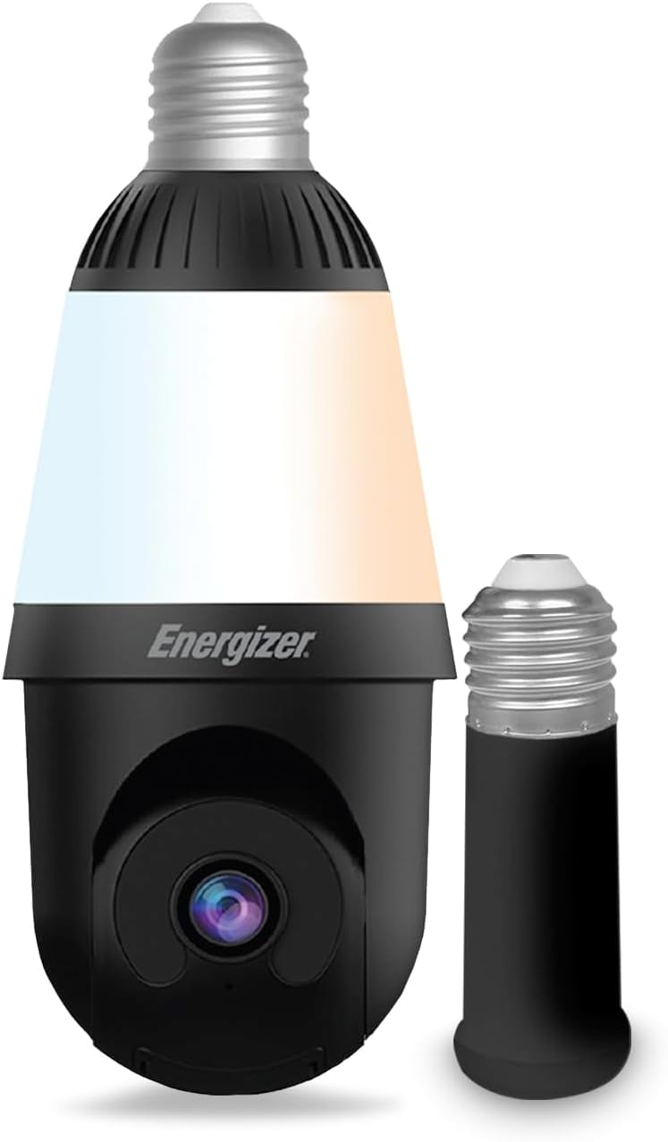Energizer 1000 Lumens Light Bulb Camera, 2K Outdoor Smart Home Security Camera w/ Auto-Motion, Black
