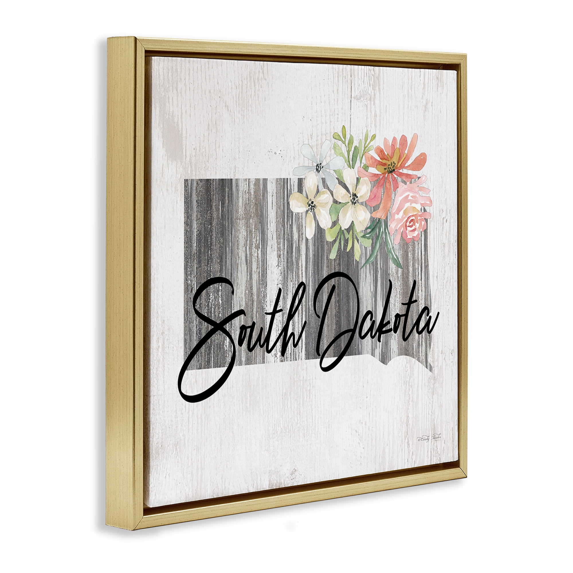 Stupell Industries Shabby Chic South Dakota Botanical & Floral Painting Gold Floater Framed Canvas Art Print Wall Art, 25 x 25