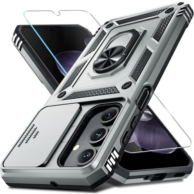 KOMI compatible with Samsung Galaxy A16 5G case in silver, featuring a built-in slide camera lens cover, tempered glass screen protector, and a 360° rotating finger ring holder kickstand. The heavy-duty shockproof design includes a dual-layer construction with a TPU bumper and hard PC back for enhanced drop protection. The case also has raised edges for camera and screen safety, anti-slip texture, and a metal sheet for magnetic car mounts. Wireless charging is not supported due to the metal ring. Includes one case and one screen protector.