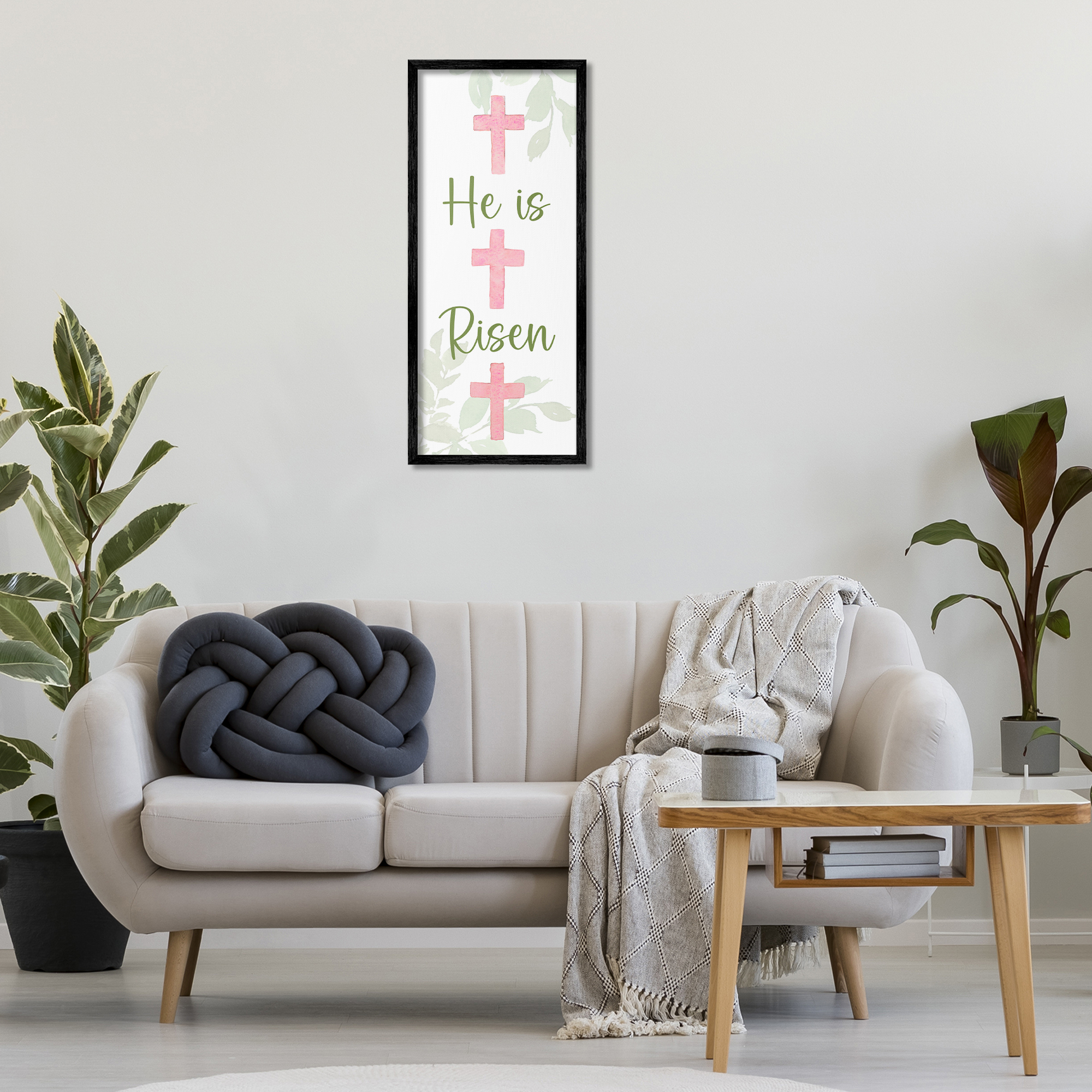 Stupell Industries He Is Risen Proverb Religious Painting Black Framed Art Print Wall Art, 13 x 30