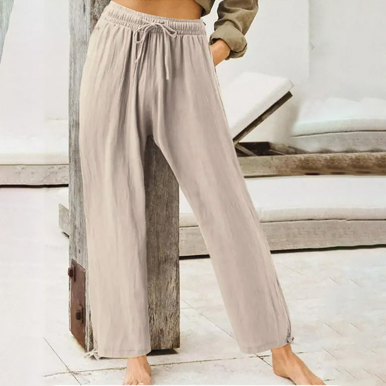 Plus Size Wide Leg Pants for Women Summer Casual Loose Fitting Lounge Pant  Slacks Trousers Drawstring Solid Color (Small, Beige) 