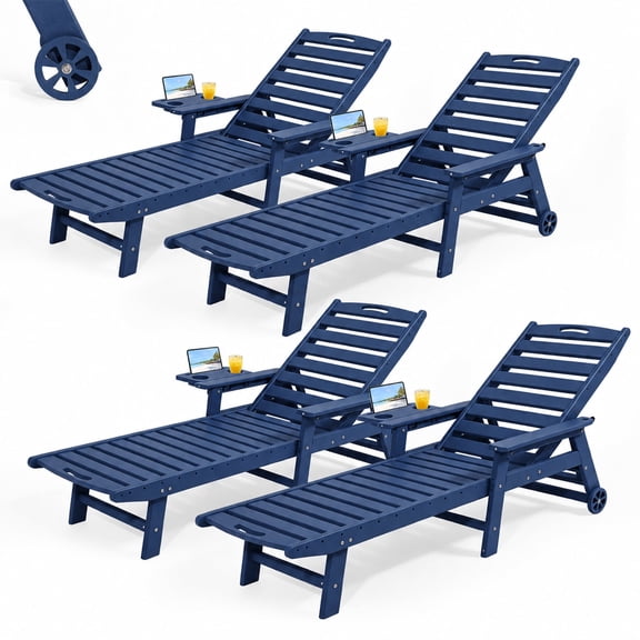 HDPE Pool Chaise Lounge Chair Set of 4, 2-in-1 Outdoor Patio Lounge Chair w/Adjustable Backrest & Cup Holder Navy Blue
