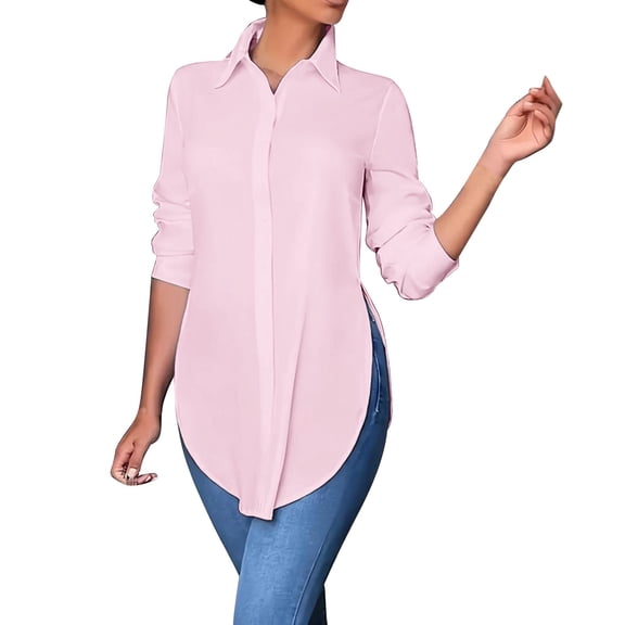 Shirts For Women Slit Side V Neck Long Sleeve Button Down Fashion Blouse