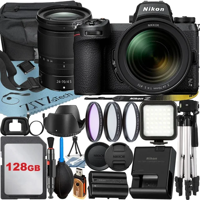 Nikon Z7 II Mirrorless Camera with NIKKOR Z 24-70mm f/4 S Lens + 128GB Card + Case + 3 Pieces Filter + Flash + ZeeTech Accessory Bundle