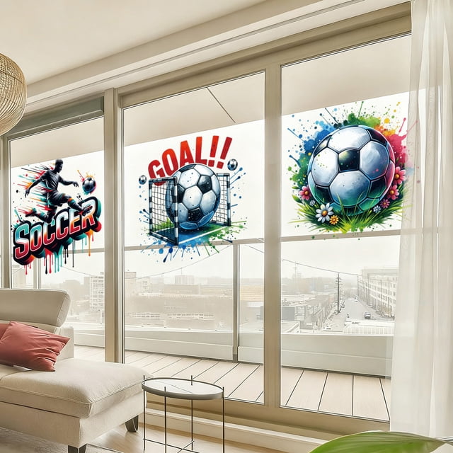 Pack de 3 calcomanías para pared de fútbol – Pegatinas grandes de balón de fútbol en acuarela y porterías para dormitorio de chicos, cueva de hombres, decoración de sala de deportes, arte mural