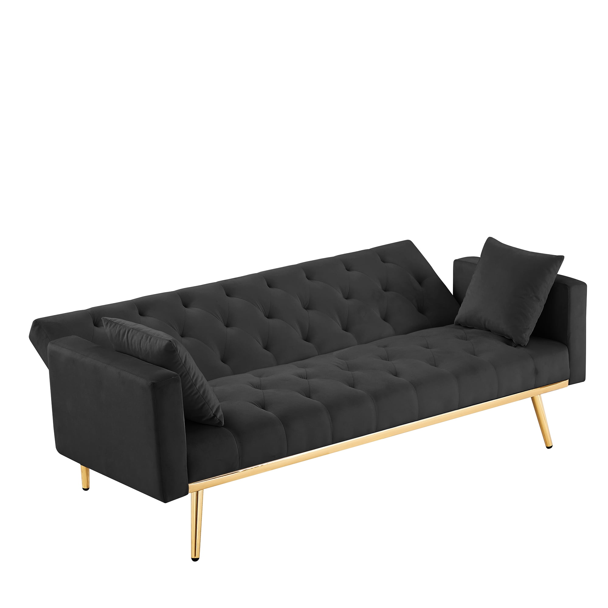 Kadyn Velvet Upholstered Sofa, Modern Convertible Folding Futon Sofa Bed for Apartment, Living Room Sofa with 2 Throw Pillows, Black