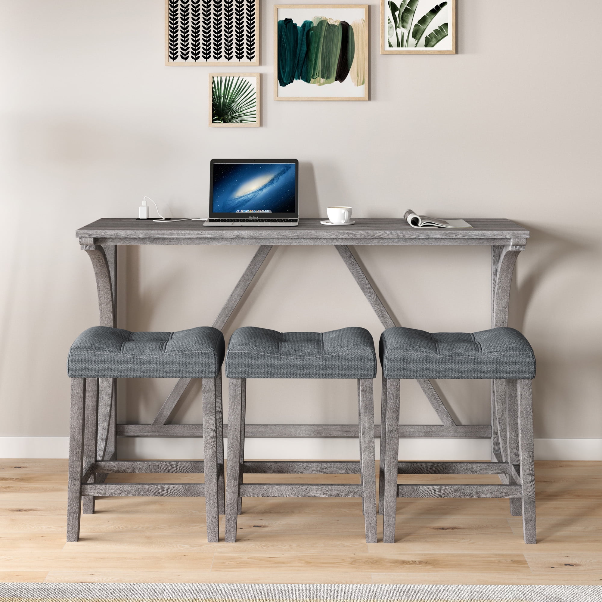 4 Piece Bar Table Set with Power Outlet,Industrial Style Dining Table Set for 3,Breakfast Table and Chairs Set for Living Room,Dining Room, Game Room,Gray