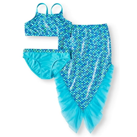 Mermaid Bikini Swimsuit and Skirt Coverup, 3-Piece Set (Little Girls & Big