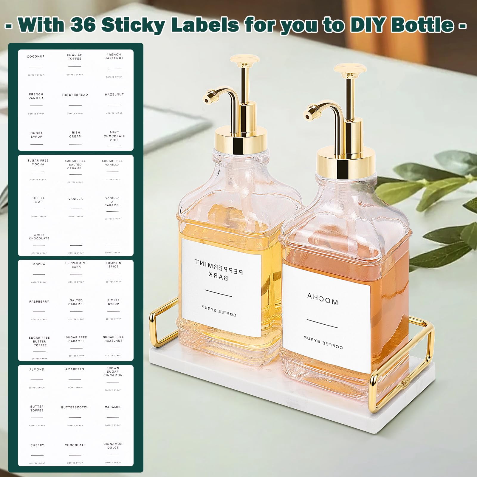 Coffee Syrup Dispenser For Bar  Clear Glass Bottles With Pump Refillable Maple Storage Station Accessories And Organizer 500ml Set Of 2 + Tray (gold)