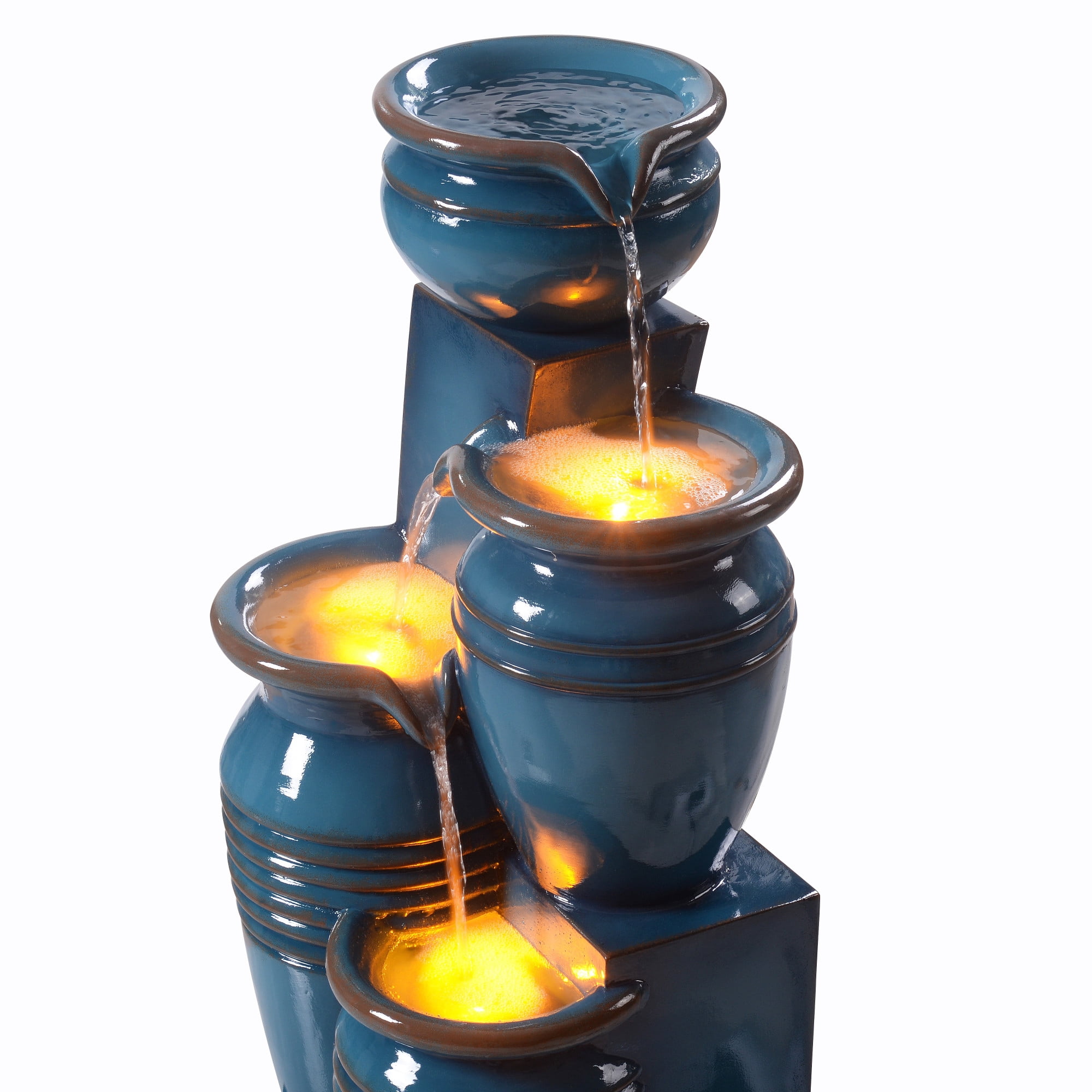 Teamson Home Outdoor 4-Tier Cascading Bowl Solar Water Fountain with LED Lights, Blue