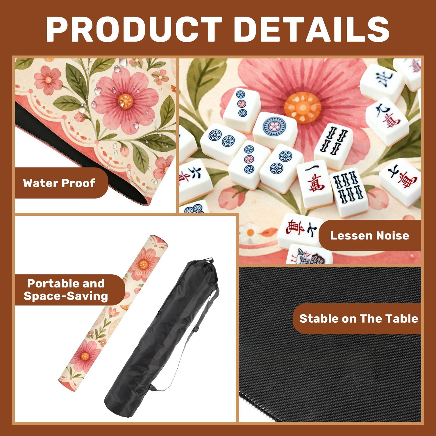 Mahjong Mat 31.5" x 31.5" Folk Art Ducks Pink Flowers Green Leaves Non-Slip Noise Reduction Mahjong Tiles Table Cover for Dominoes Poker Card Board and Tile Games