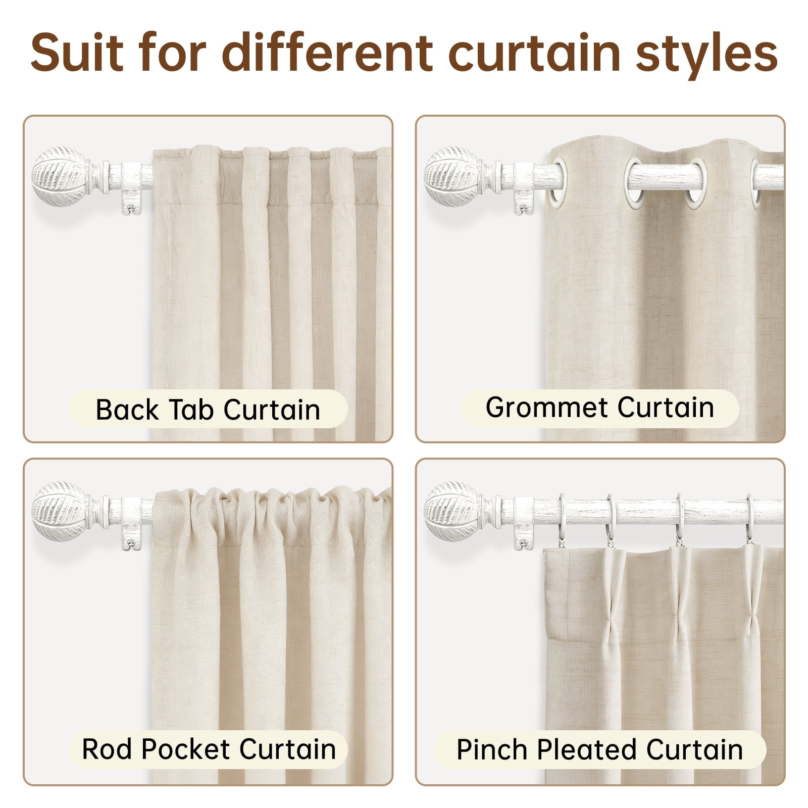 NewBuros Adjustable Wood Curtain Rod, 32 to 86 Inch, 1" Diameter Heavy-Duty Indoor Curtain Rod, Sturdy Rust-Proof with Wood Grain Leaf Pattern, White