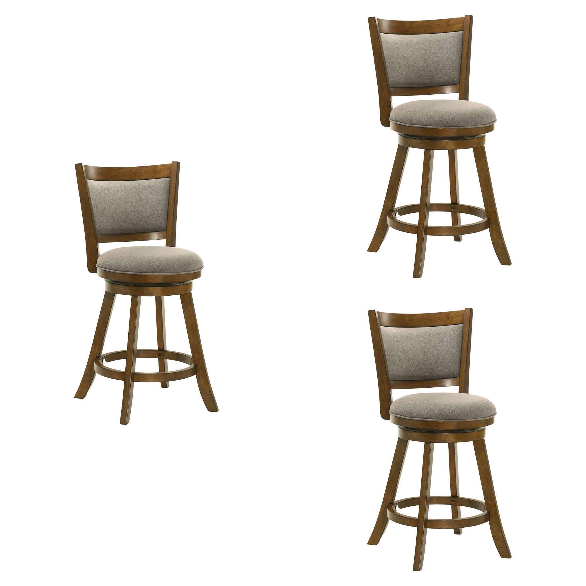 Aiden Modern Farmhouse Swivel Wood Counter Height Kitchen Bar Stool in Sepia Brown Finish with Grey Fabric Upholstered Seat - Set of 3