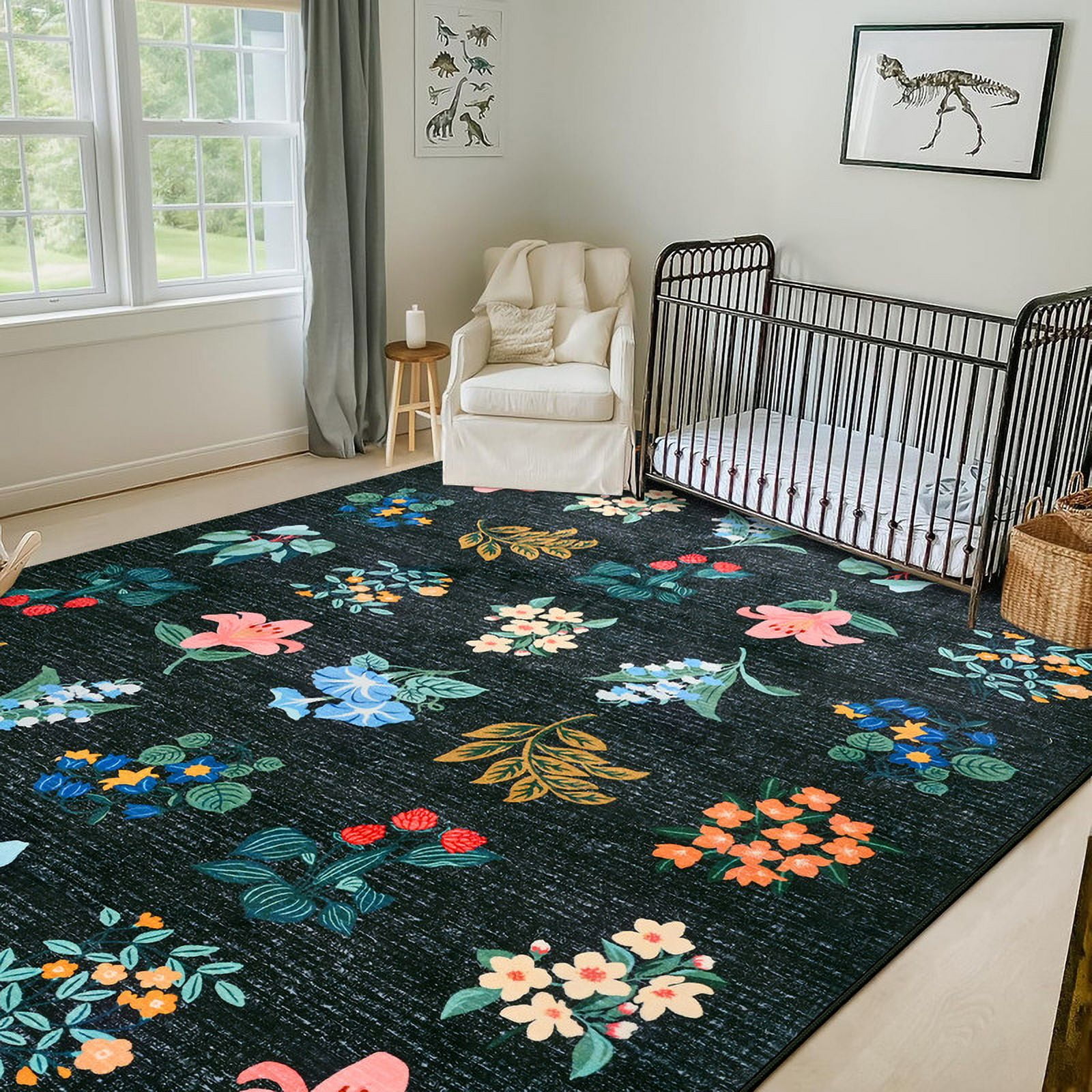 Jamfeel Rugs for Living Room Classic Boho Floral Print Floor Carpets Soft Low Pile Non-slip Washable Area Rug 4'x6' Blue