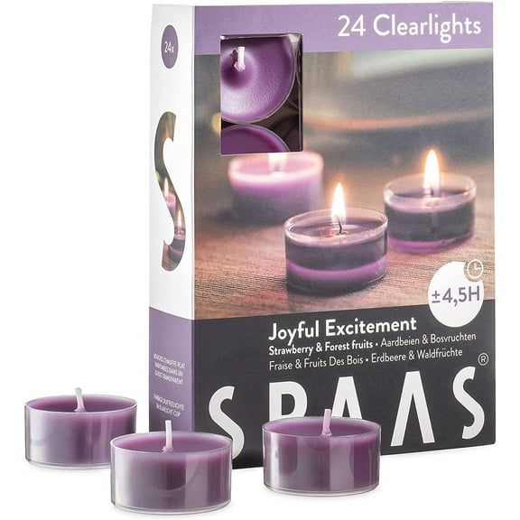 Scented Tea Lights Candles in Clear Cups, Strawberry & Forest Fragrance, for Spa, Dinner, and Home Decor, 24 Pack