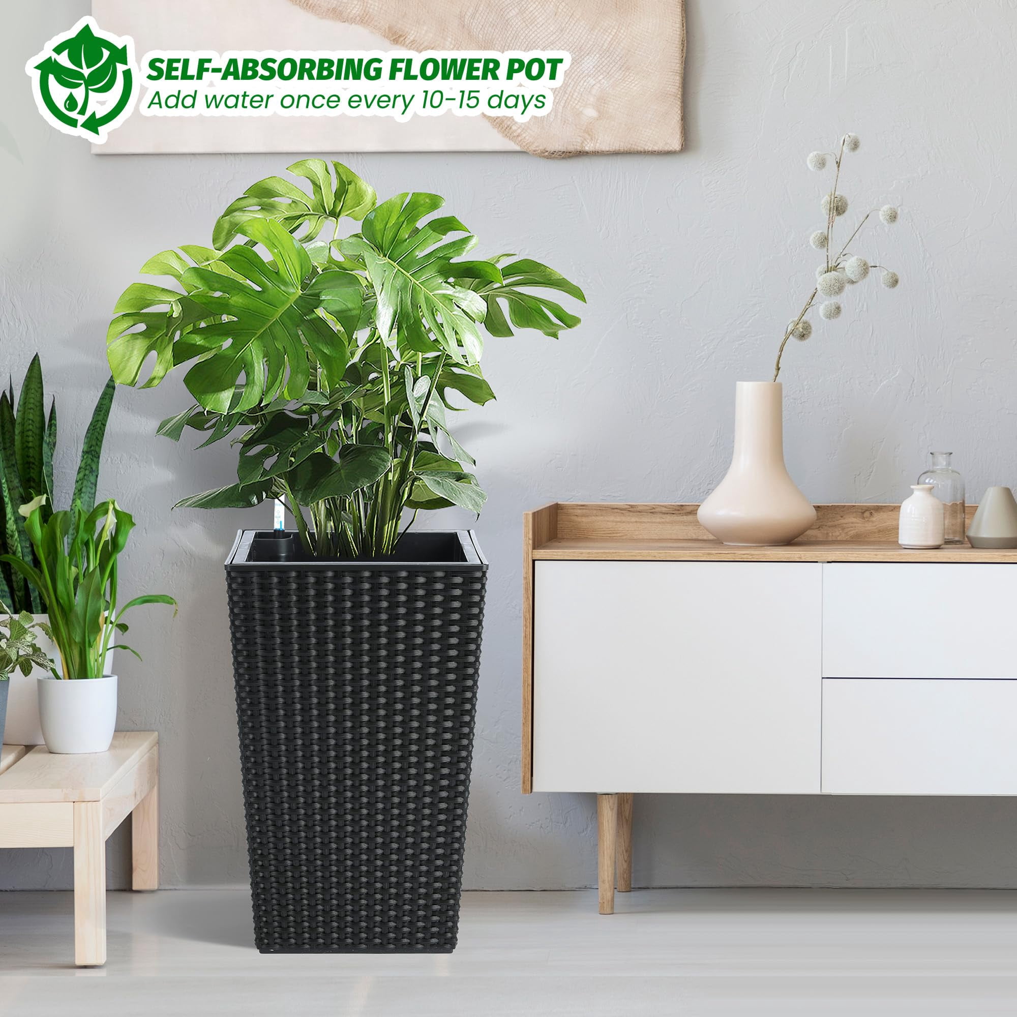 Tall Planters with Rattan Texture, Set of 2, Indoor/Outdoor Decorative Flower Pots with Water Level Monitor, Detachable Inner Pot & Drainage Holes for Large Plants, Trees, Patio, and Garden
