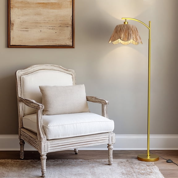 Oneach 62.5" Floor Lamp for Living Room, Boho Standing Lamp with Flower Raffia Shade for Bedroom,Home