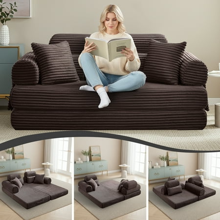 Convertible Sleeper Sofa Bed 78.5 Modern Futon Sofa Bed for Living Room Foldable Loveseat Sofa with Memory Foam Corduroy Floor Mattress Couch No Assembly Required (Brown)