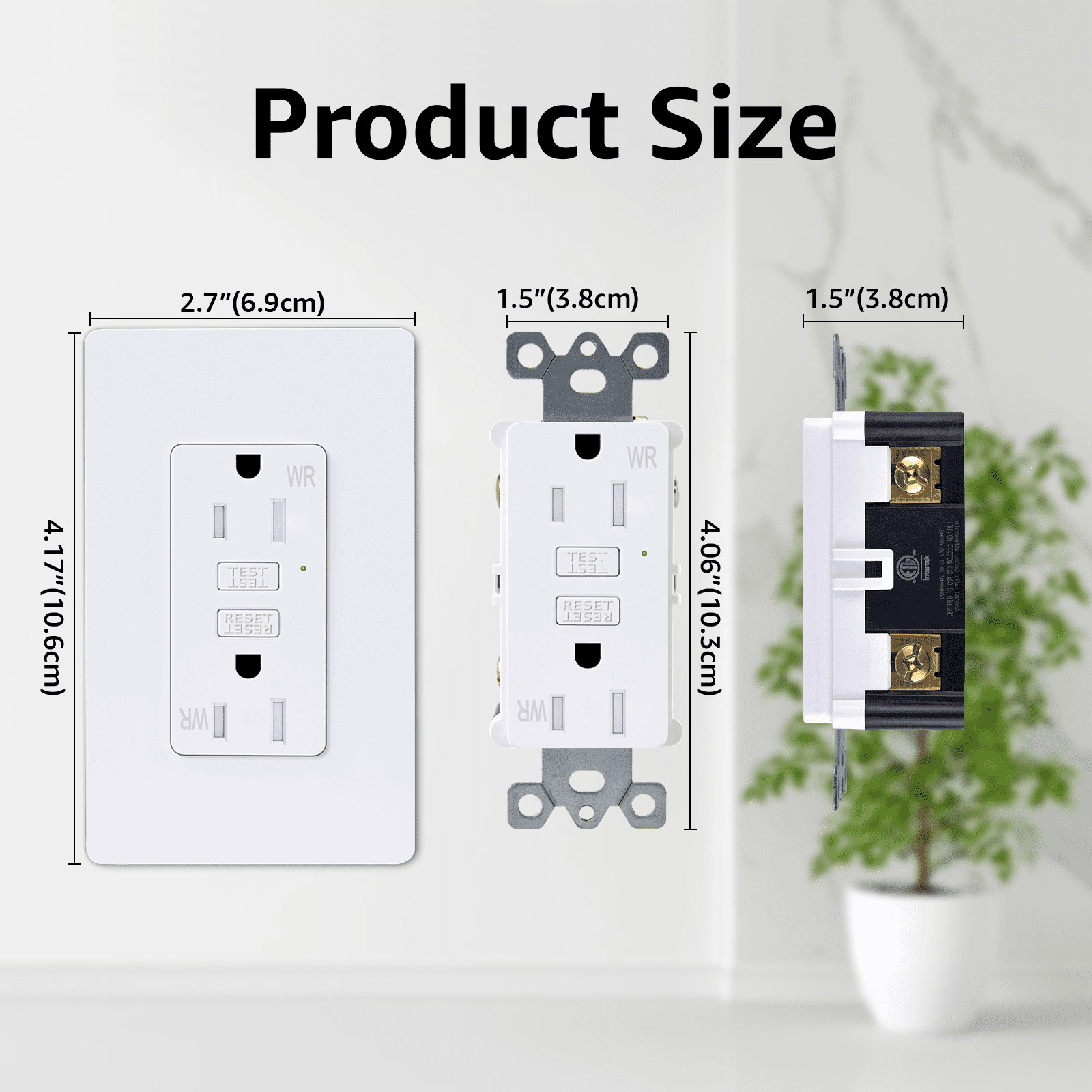 Slim GFCI Outlet 15 Amp,Thin GFI Electrical Outlet,Slim Ground Fault Receptacle Outlet Weather 125 Volt,with Decorator Screwless GFCI Plate,ETL Listed,White GFI,2PK