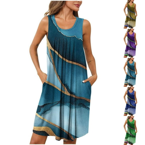 Aboser Pleated Tunic Nightgowns for Women Retro Tie Dye Tank Sleepwear Soft Sleeveless Sleep Dress Comfy Scoop Neck Sleepshirt Ladies Nightdress Loungewear with Pockets