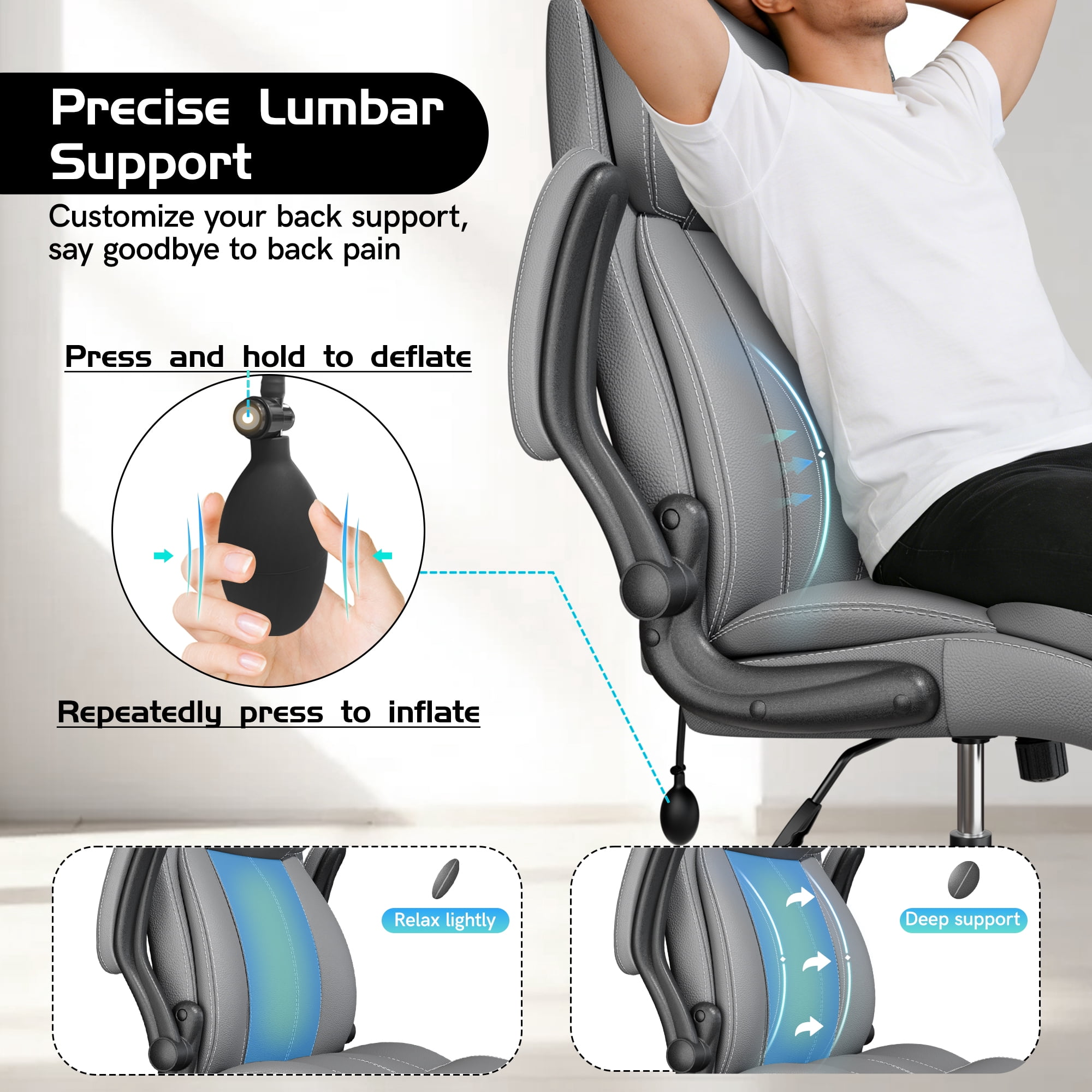 COOLHUT Big and Tall Office Chair 350LBS, Comfy Heavy Duty Executive Desk Chair with Adjustable Lumbar Support, Higth Back Computer Home Office Chair with Padded Flip -up Arms, Light Gray