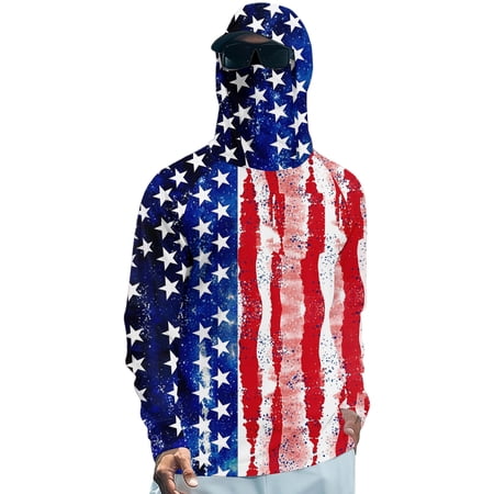 Trgacdwlo Ice Silk Hooded Rash Guard Men with Mask UPF 50+ Sun Protection Fishing Shirt for Men Summer Cooling Red White and Blue 250 Anniversary USA Shirt Red XXL