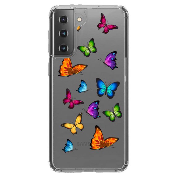 DistinctInk Clear Shockproof Hybrid Case for Galaxy S21 5G (6.2" Screen) - TPU Bumper Acrylic Back Tempered Glass Screen Protector - Rainbow Butterflies Butterfly