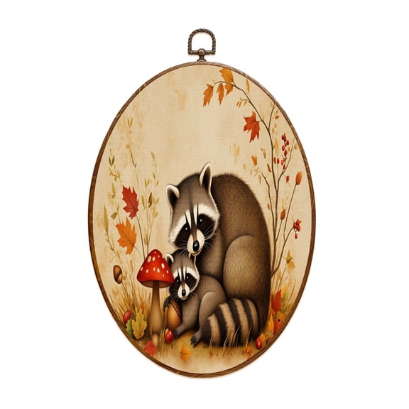 Canvas Wall Art Mother Baby Raccoons Autumn Oval Framed Canvas Prints Vintage Wall Hanging Decor for Home Decorations Gifts for Mom Nana Women 8.6"x11.4"