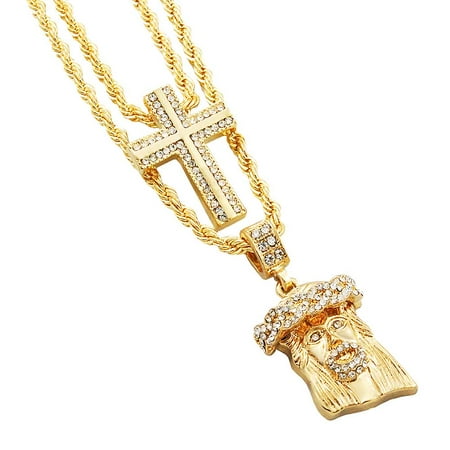 Jesus Piece Pendants Gold-Tone Men's Iced Out Hip Hop Bling 2 Piece Pendant Two Cross and Cuban Jesus 4mm Rope Chain Set ()