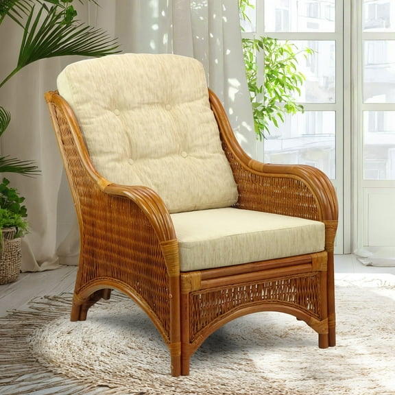 SK New Interiors Jam Lounge ArmChair ECO Natural Rattan Wicker Handmade Cream Cushions, Colonial Color