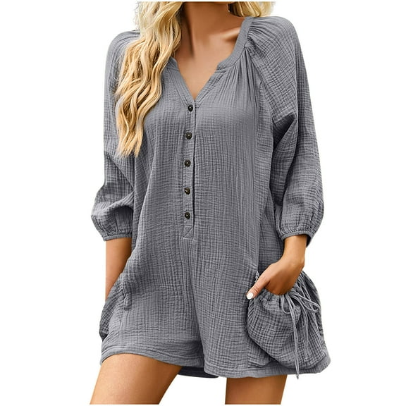 Edvintorg One Piece Romper for Women Fashion Solid Color Fashion Casual Short Sleeve V-Neck Slim At Home Short Jumpsuit