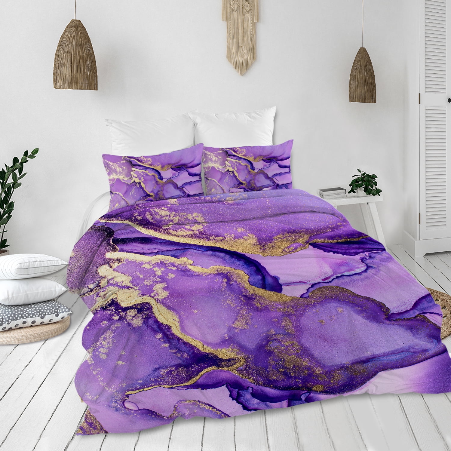 Marbling Pattern Bed Sheet Cover Dust Mattress Protector Nonslip Bedspread Decor 