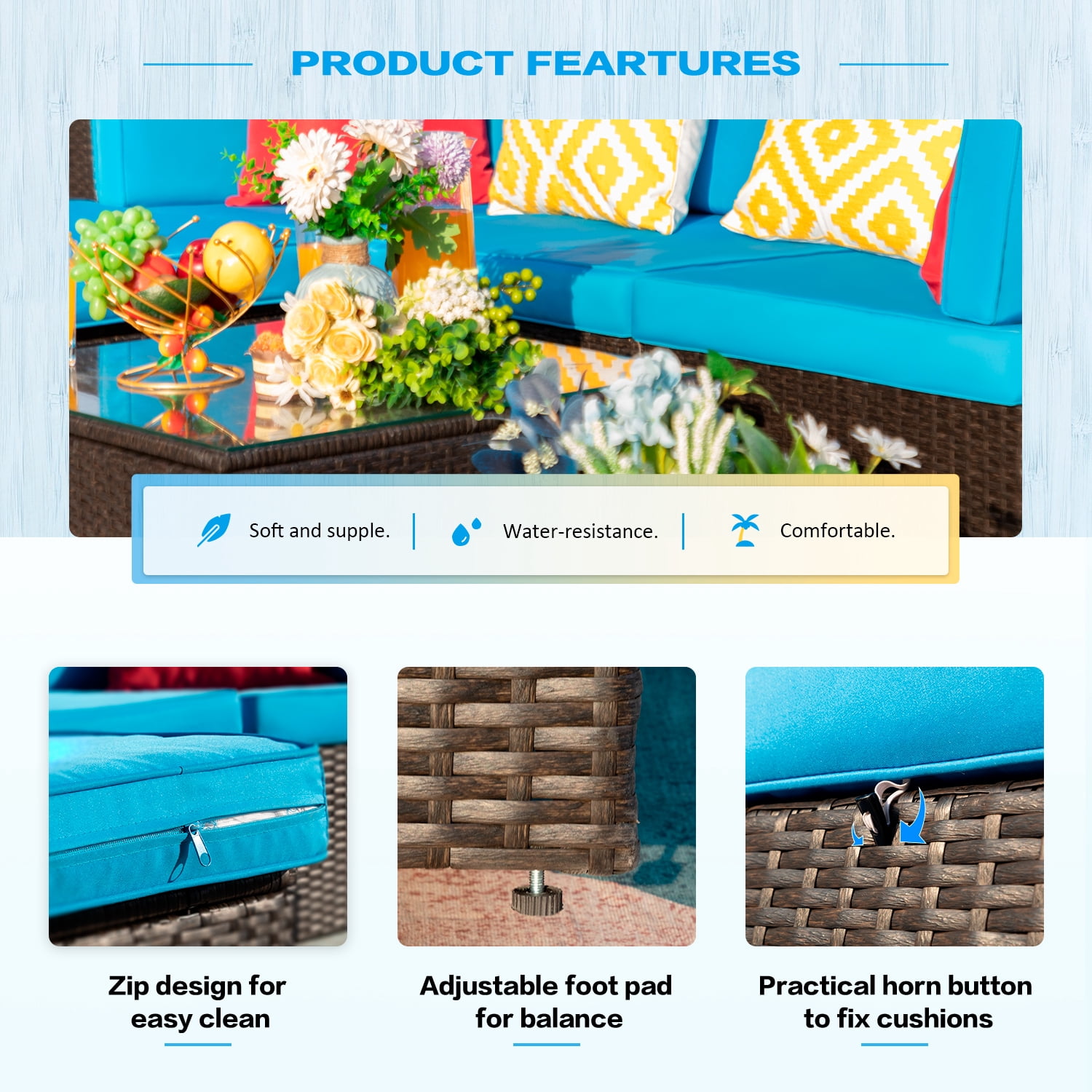 Lacoo 7 Pieces Patio Conversation Sets Outdoor Sectional Sofa Set PE Rattan Seating Group with Cushions and Table Blue
