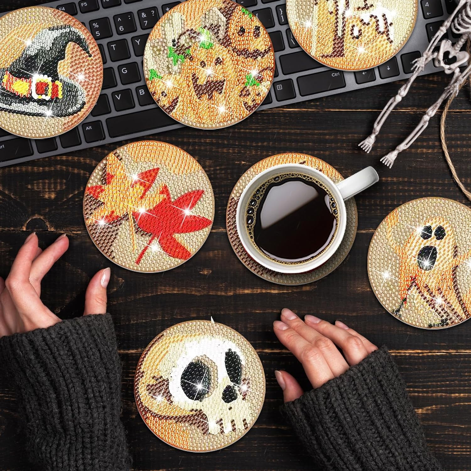 Kit De Peinture Diamant Halloween - 8 Sous-verres Citrouille + Support - Loisir Créatif Adultes/enfants