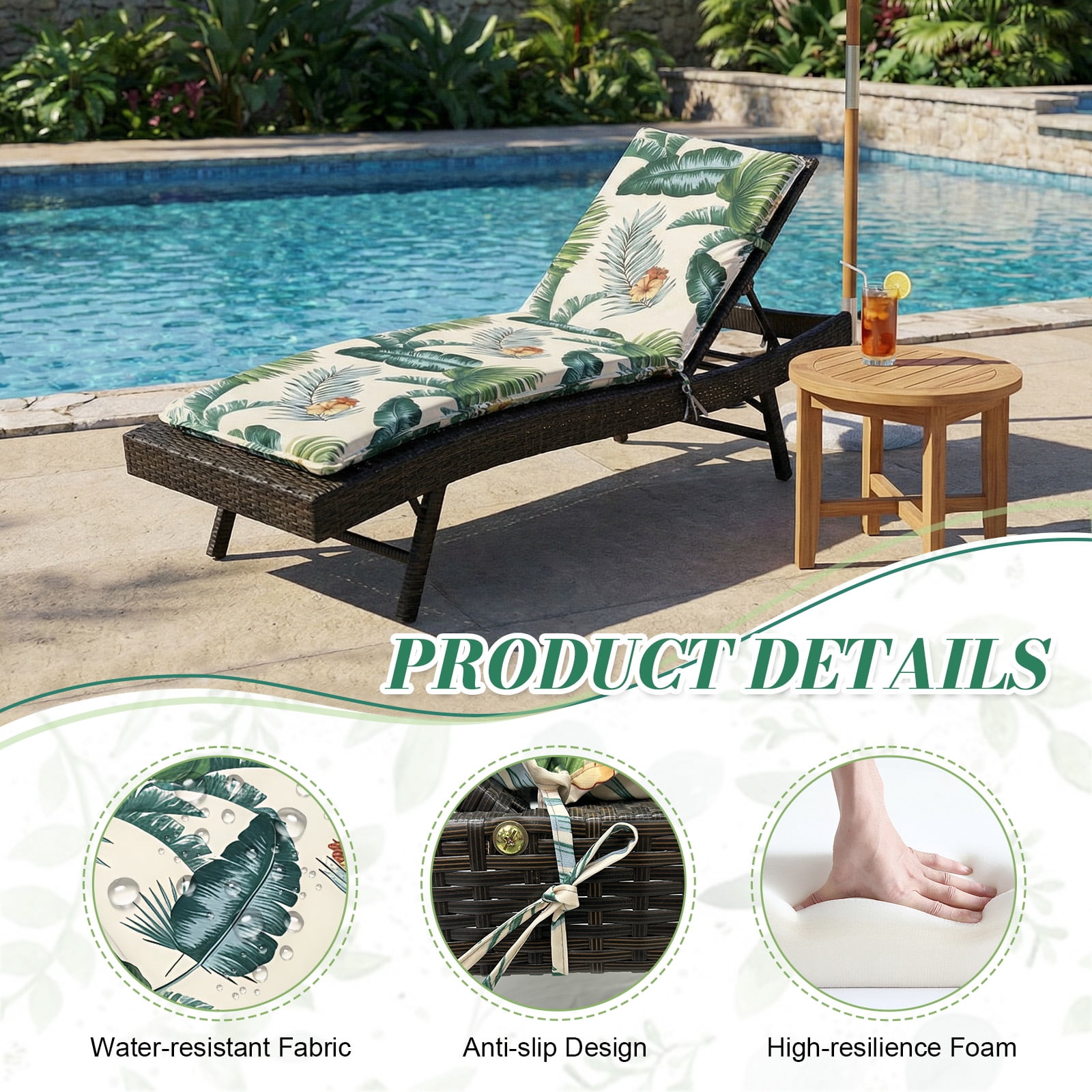 Eurhowing Outdoor Chaise Lounge Cushion 76"×23"×3", Waterproof Thick Patio Furniture Cushions with Straps, High-Density Foam Chair Pads for Poolside & Deck, 1 Pack, Hawaiian