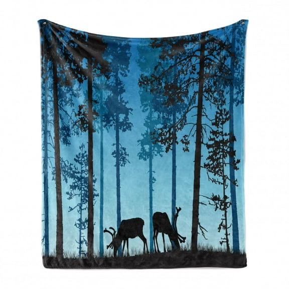 Deer Hunting Soft Flannel Fleece Throw Blanket, Wild Animal Elk Night at Misty Night Forest Pattern, Cozy Plush for Indoor and Outdoor Use, 50" x 60", Sea Blue Dark Sky Blue, by Ambesonne